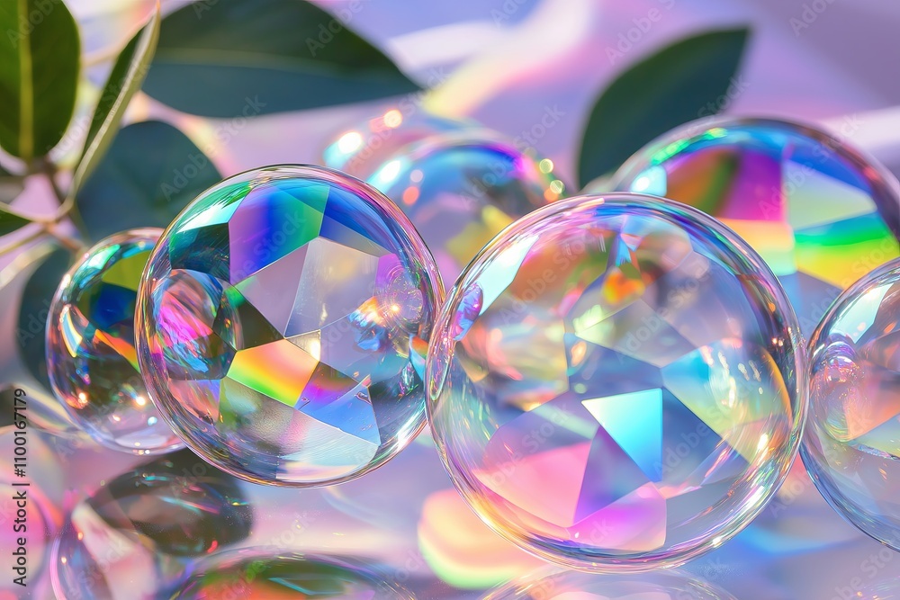 Poster close-up of shimmering soap bubbles reflecting iridescent rainbow hues.