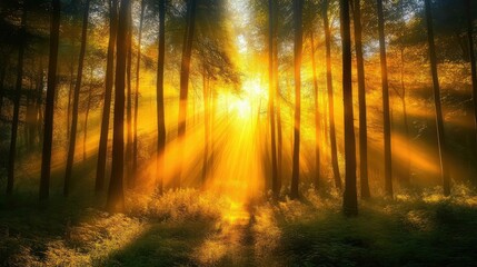 Fototapeta premium Sunlight filtering through trees during golden hour, creating a peaceful forest scene