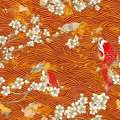 Obraz premium Chinese New Year Tile Seamless Patterns, Cherry Blossoms and Koi Fish for New Year Celebration