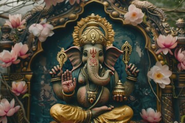 Fototapeta premium A bronze elephant statue surrounded by colorful flowers and foliage