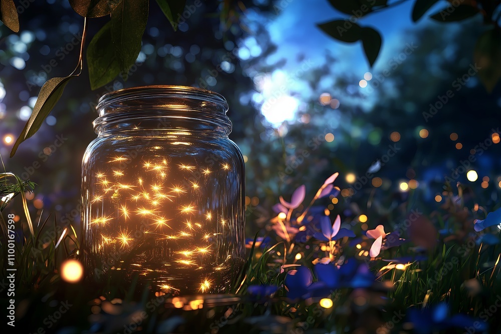 Poster a glowing jar of fireflies under a moonlit sky with soft shadows.