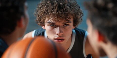 Two friends watching as a young man holds a basketball, potentially for a pickup game or tryout