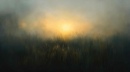 Fototapeta premium Sunrise light breaking through a foggy field, illuminating wild grasses and creating a soft, dreamy ambiance