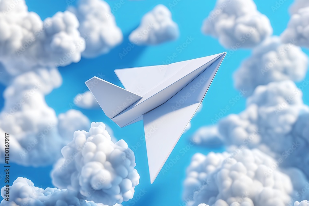 Poster a paper airplane soaring through soft white clouds on a sky-blue backdrop