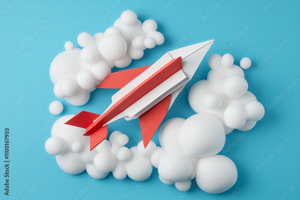 Poster a paper airplane soaring through soft white clouds on a sky-blue backdrop