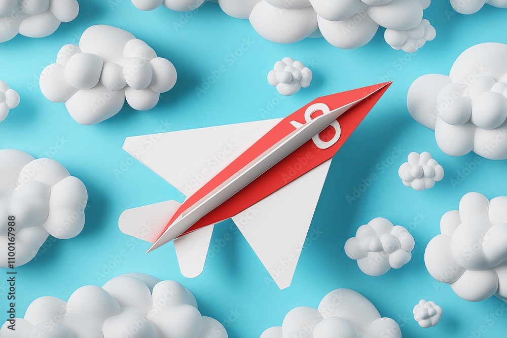 Poster a paper airplane soaring through soft white clouds on a sky-blue backdrop