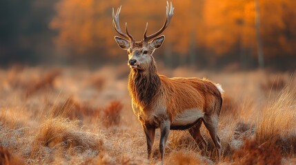Fototapeta premium A majestic stag with impressive antlers stands gracefully in a sunlit autumn field, surrounded by golden-orange foliage and frosted grass