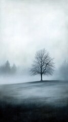 Obraz premium Lonely tree stands amidst a misty landscape, evoking solitude and tranquility, AI