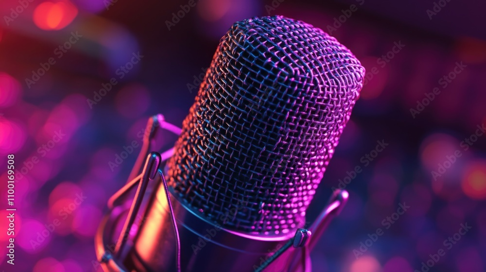 Poster A close-up shot of a microphone with a blurred background, ideal for use in music or audio-related compositions