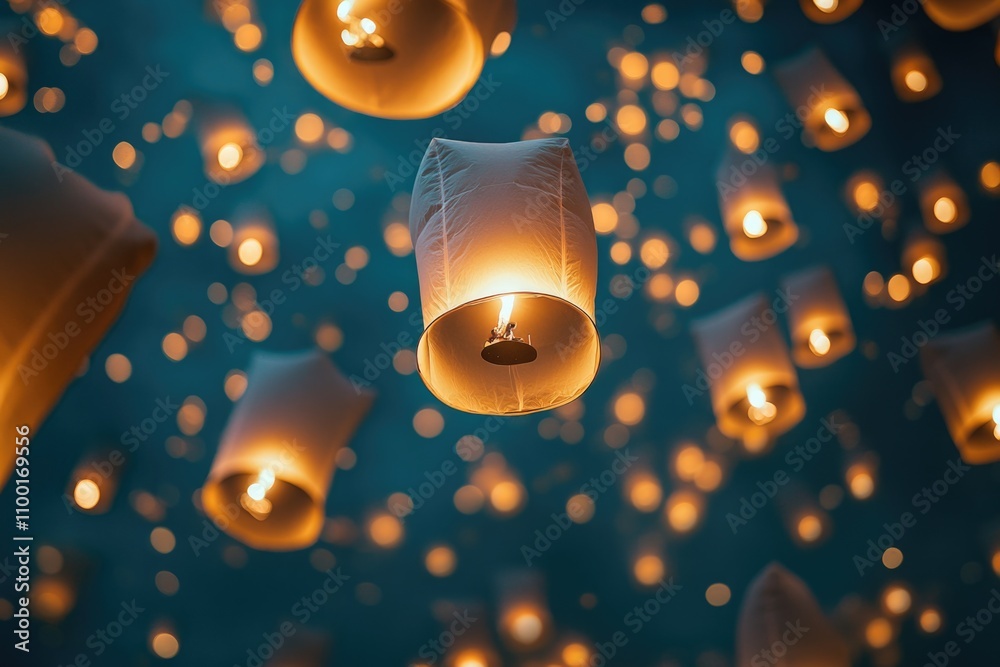 Aufkleber a bright and colorful scene of a clear sky filled with many white paper lanterns, perfect for partie