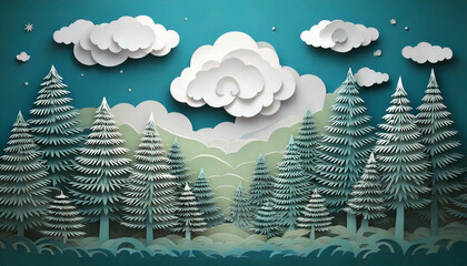 Design paper cut greeting card. Paper cut clouds, pine