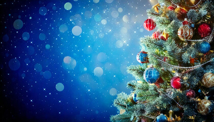 Christmas Tree With Ornaments In Blue And Defocused Lights - Baubles Hanging 