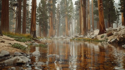 Tranquil stream flowing through majestic forest nature landscape photography serene environment eye-level view peaceful reflection