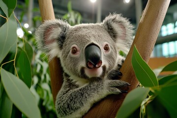 Obraz premium A koala resting in a eucalyptus tree, surrounded by lush green leaves and dappled sunlight filtering through
