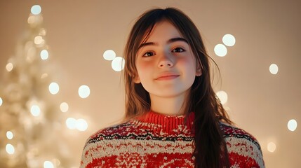 Naklejka premium Christmas Cheer: A teen girl smiles radiantly, wearing a festive sweater against a bokeh background of twinkling lights and a blurry Christmas tree.