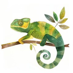 Obraz premium A colorful chameleon perched on a branch, showcasing its vibrant hues and unique patterns amidst lush leaves.