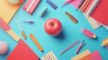 Naklejka premium Apple Surrounded by Colorful School Supplies on Vibrant Background