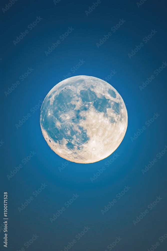 Poster A picture of a full moon shining brightly in a clear blue sky with a small plane flying in the foreground