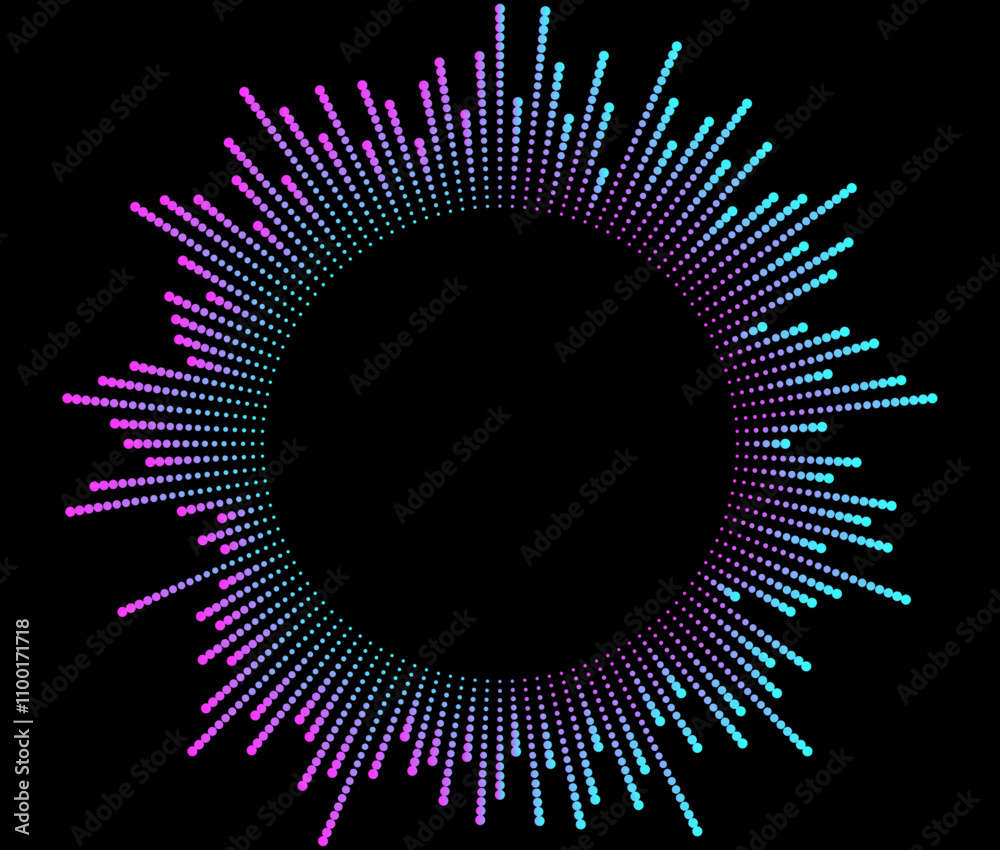 Leinwandbilder Radial curve of neon equalizer sound wave with flowing dots particles in round shape isolated on black background. Editable stroke Vector illustration	