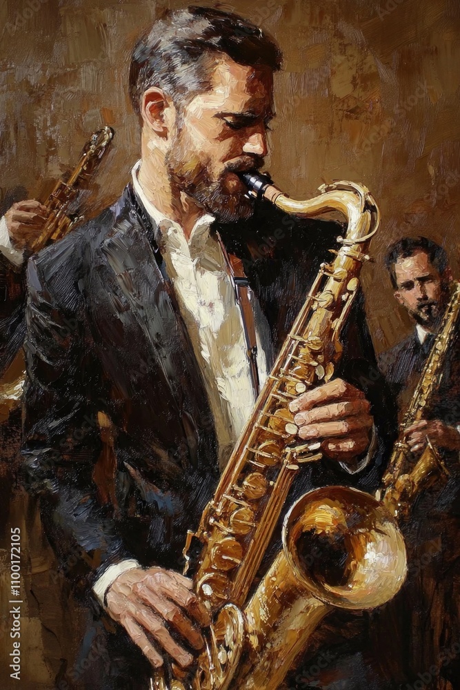 Poster a musician playing saxophone, suitable for music-related concepts or background image