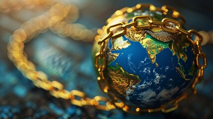 Interconnected Global Economy Represented by Golden Metallic Sphere of the Earth Linked with Shiny Golden Chains Symbolizing Unity Sustainability and Progress in the World