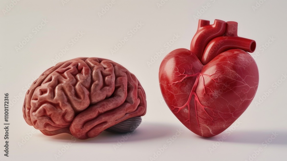 Poster anatomical models of the human heart and brain placed side by side for comparison