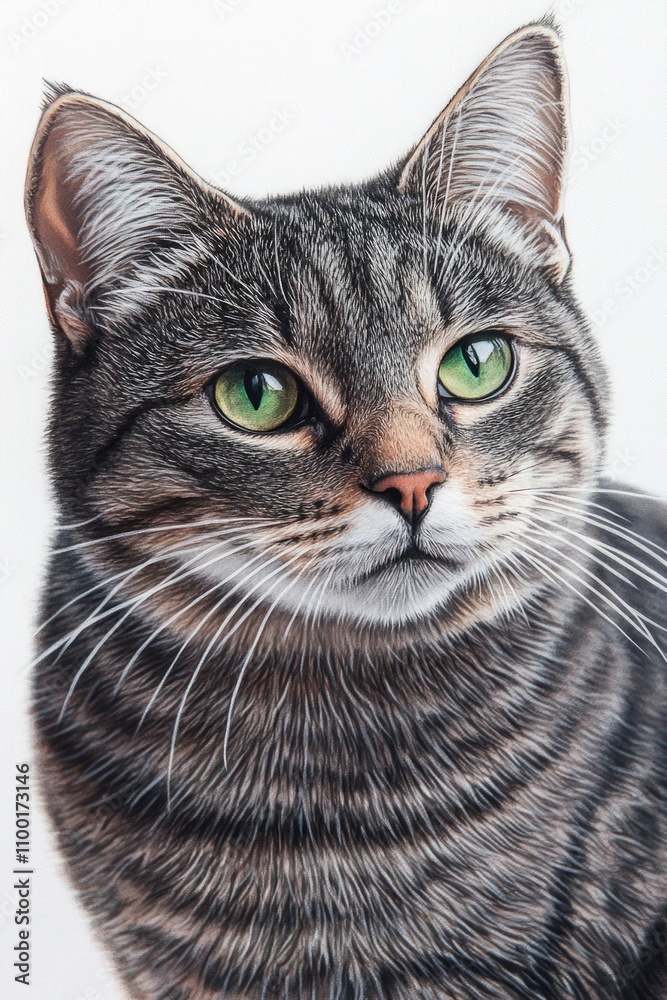 Poster a detailed view of a feline's face with distinctive emerald irises