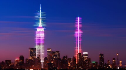 Obraz premium Illuminated Skyscrapers at Night Cityscape Featuring Dynamic Light Displays