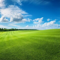 Fototapeta premium beautiful natural scenic panorama green field of cut grass into and blue sky with clouds on horizon perfect green lawn on summer sunny day