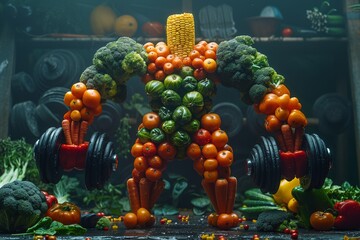 An athletic human silhouette made entirely of vegetables, featuring carrot legs, a bell pepper torso, and corn cob arms, strikes an action pose while lifting heavy weights in a vibrant gym setting.