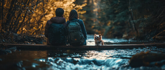 couple sitting by river with dog, surrounded by trees and autumn colors, enjoying nature together