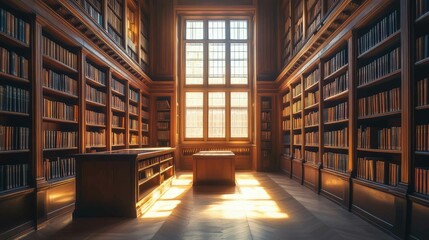 Warm, diffused light softly illuminating a quiet library in the early morning hours