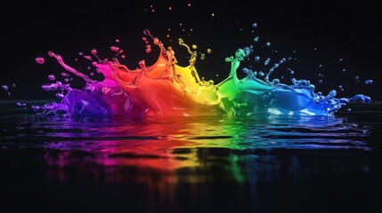 Fototapeta premium Vibrant rainbow paint splash exploding on dark reflective surface.