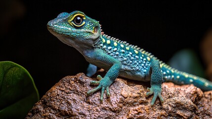 Fototapeta premium Vibrant blue lizard perched on rock with intricate scale patterns and captivating eyes