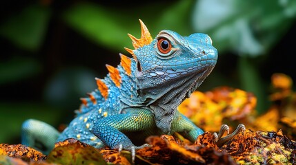 Fototapeta premium Vibrant blue iguana resting on autumn leaves in a lush jungle setting