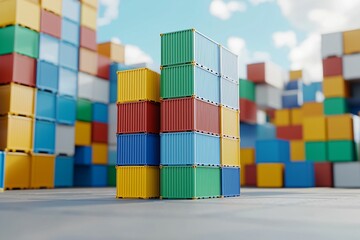 Fototapeta premium Colorful shipping containers stacked in an industrial setting, showcasing a vibrant display against a clear sky.