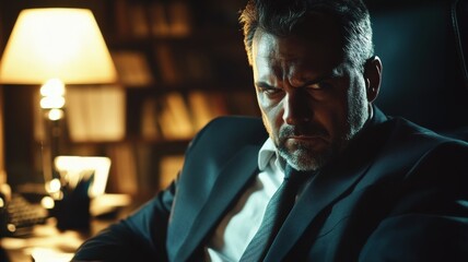 Intense crime drama scene office setting film still dimly lit environment close-up view suspenseful mood