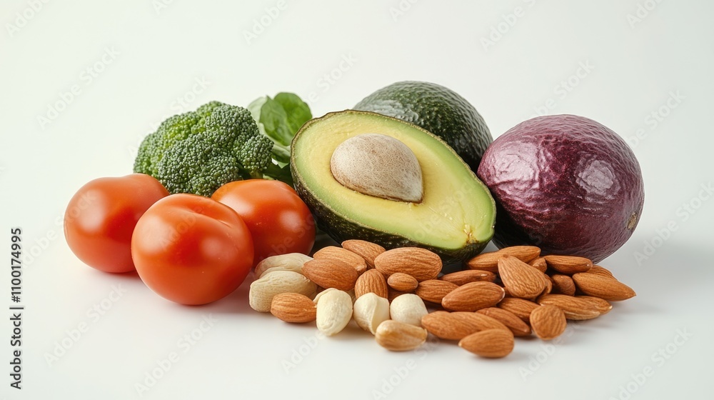 Poster a selection of colorful fruits and vegetables arranged on a white surface