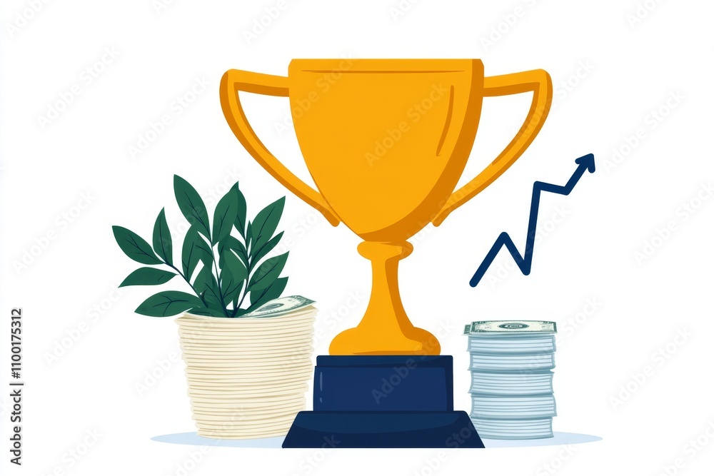 Poster a minimalist 2d design of a trophy next to stacks of money and a rising graph, all on a clean white 