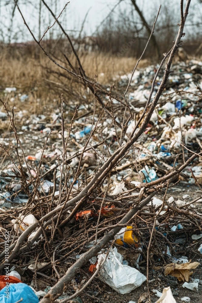 Poster A pile of trash on a rural landscape, potential use in environmental or pollution-related contexts