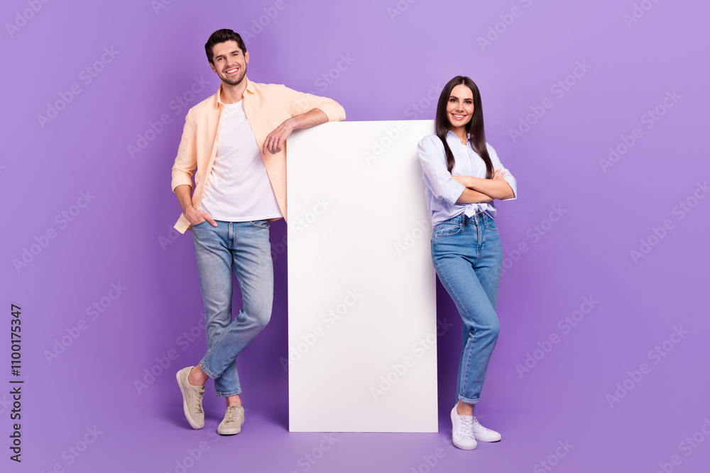 Poster full length portrait of two attractive people crossed hands demonstrate big empty space smart phone 