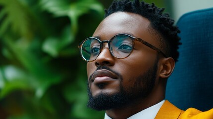 Fototapeta premium A young man in a stylish suit sits thoughtfully in an office adorned with plants, deeply focused on trading strategies and market trends during a busy workday