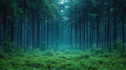 Obraz premium Mystical forest with tall trees and lush greenery at dusk