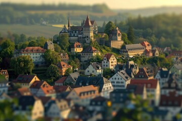 Obraz premium A picturesque small town perched on the top of a hill, surrounded by lush green trees