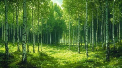 Fototapeta premium Serene birch forest landscape with sunlit green canopy