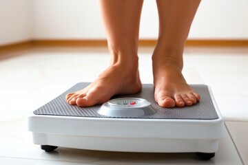 A person stands on a scale with their feet on it, measuring weight
