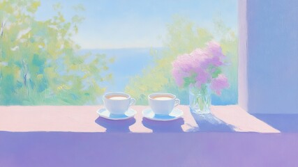 窓辺に置かれた2つのコーヒーカップ_4