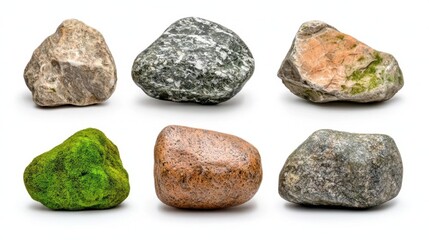 A photostock of realistic moss-covered rocks arranged on a white background, ideal for natural and landscaping concepts. High Quality