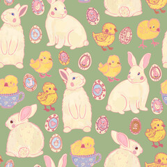 Obraz premium Easter seamless seasonal spring pattern. White rabbits, yellow chickens, painted eggs with ornaments on a green background