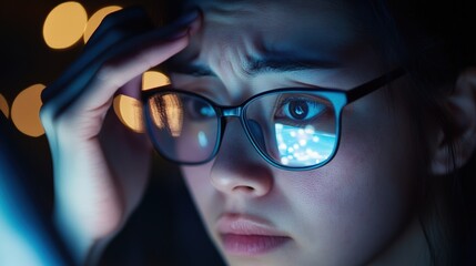 Fototapeta premium Digital fatigue young woman in glasses struggles with screen overload at home during nighttime reflection